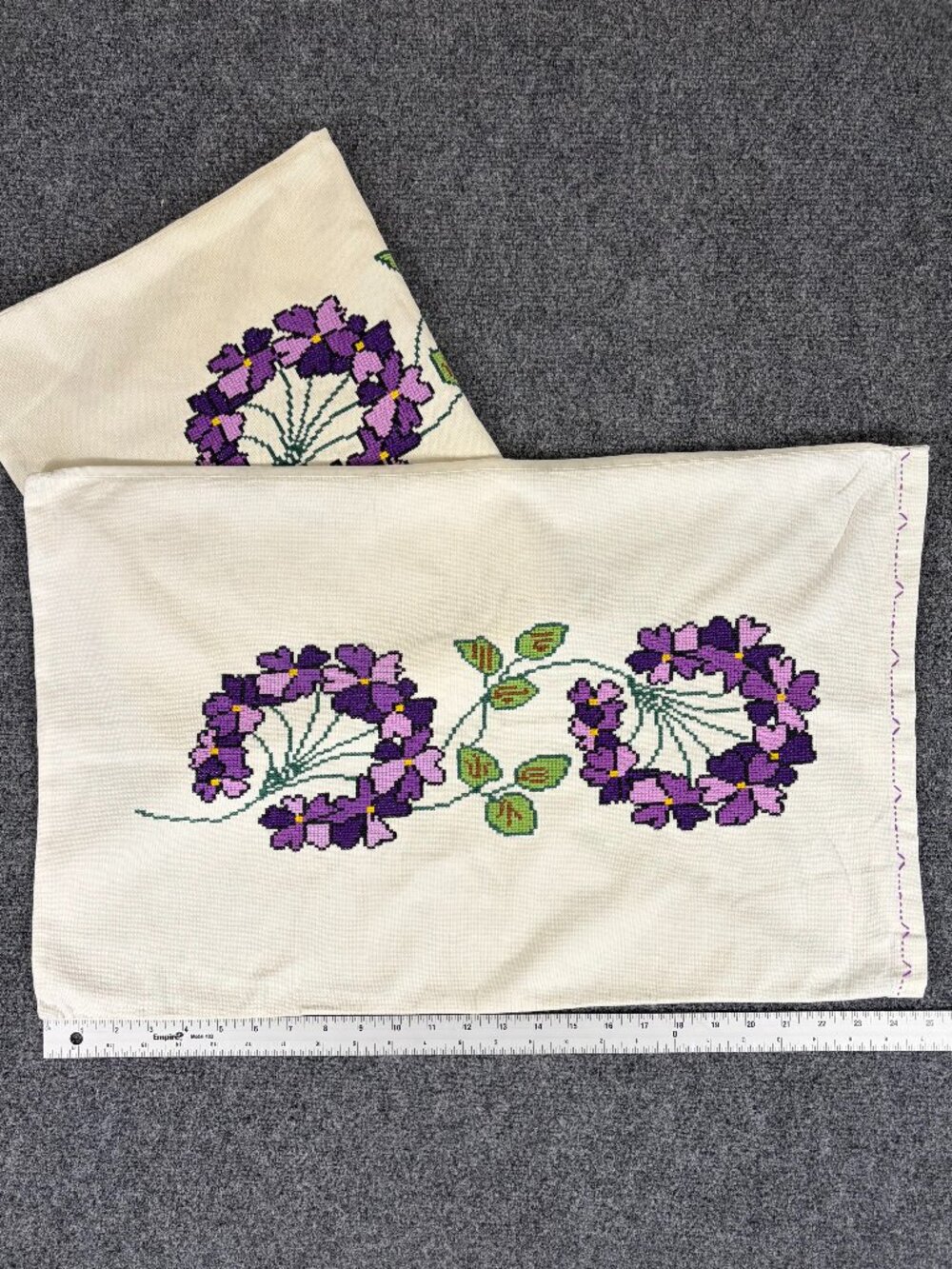 Vtg Cottagecore Hand Embroidered Cross Stitch Pillowcases Pair - Purple Floral